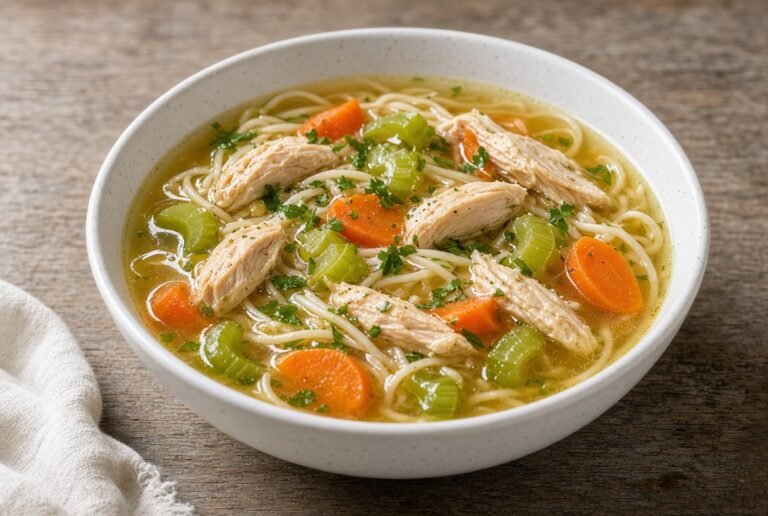 Chicken noodle soup with carrots and celery
