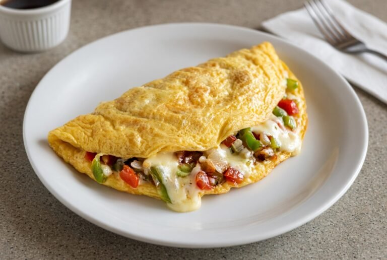 Folded omelet with cheese and vegetables