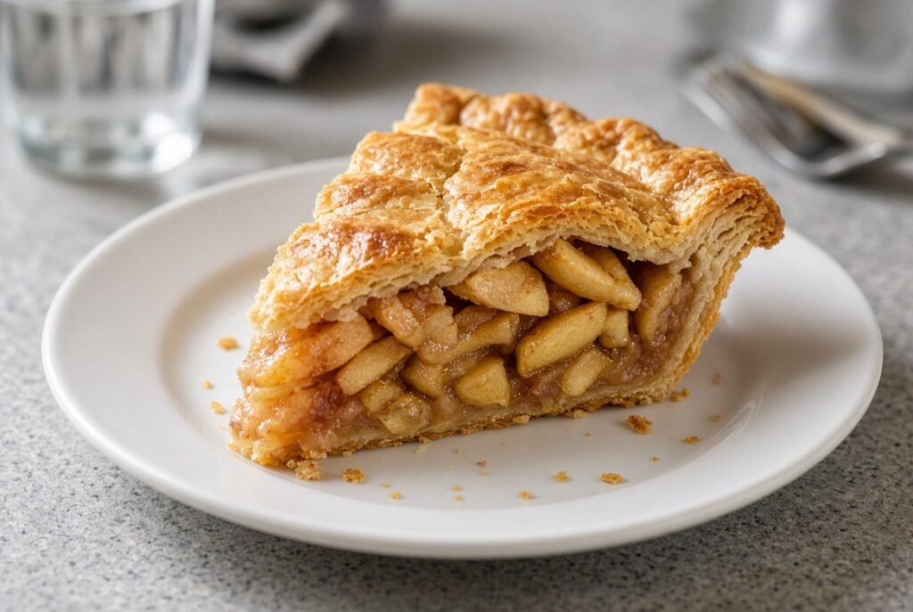 Slice of apple pie with golden crust and apple filling