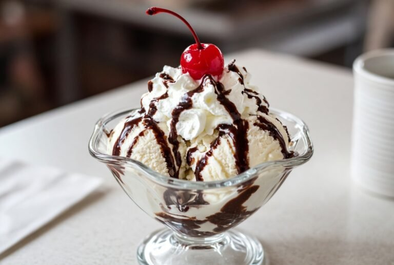 Vanilla ice cream sundae with chocolate syrup, whipped cream, and cherry