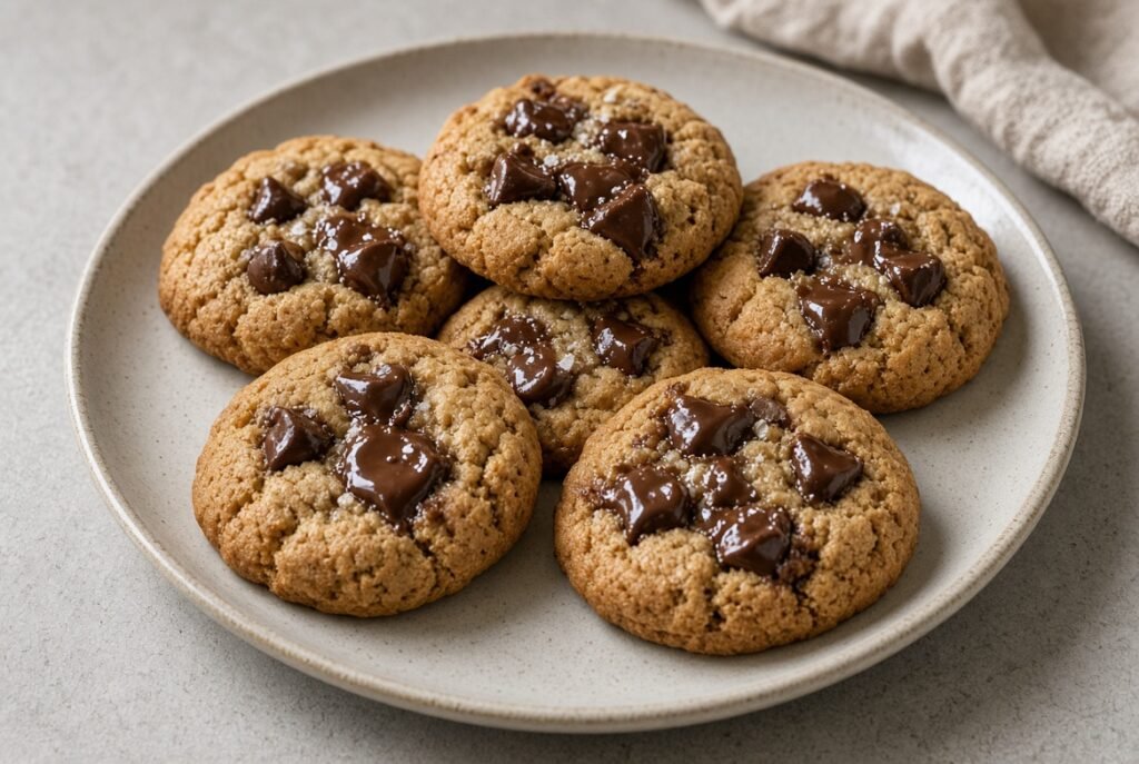 Fresh chocolate chip cookies on a plate