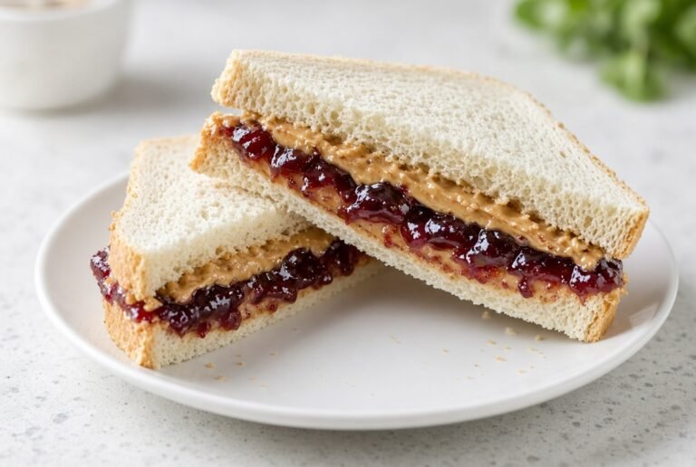 Peanut butter and jelly sandwich cut in half