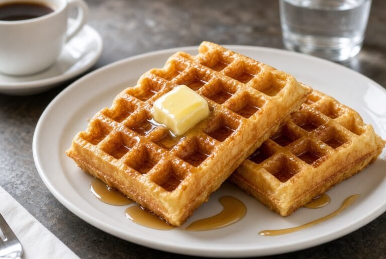 Belgian waffles with butter and maple syrup