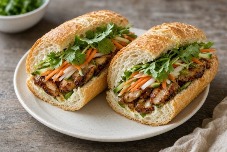 Vietnamese banh mi with grilled protein, pickled vegetables, and cilantro