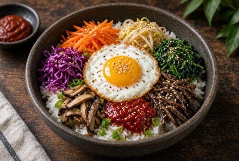 Korean bibimbap with vegetables, gochujang, and a fried egg