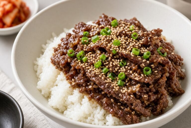 Korean bulgogi beef over rice with sesame and green onion