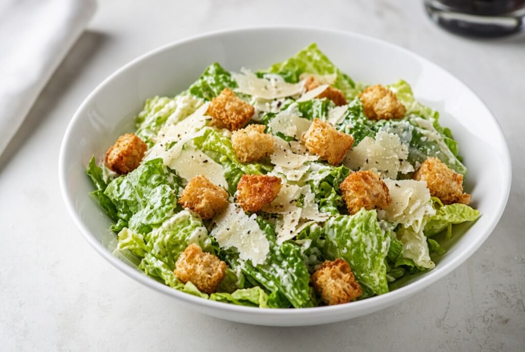 Classic Caesar salad with romaine, croutons, and parmesan