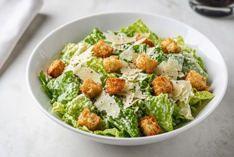 Classic Caesar salad with romaine, croutons, and parmesan