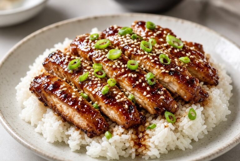 Chicken teriyaki over rice with sesame seeds