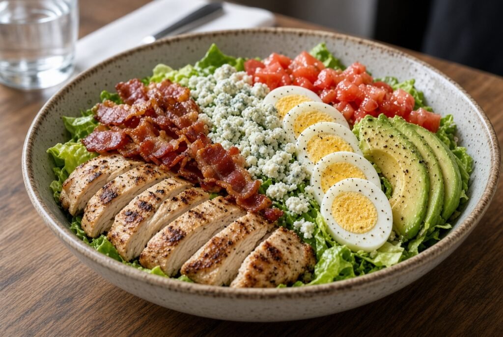 Cobb salad with chicken, bacon, egg, avocado, and blue cheese