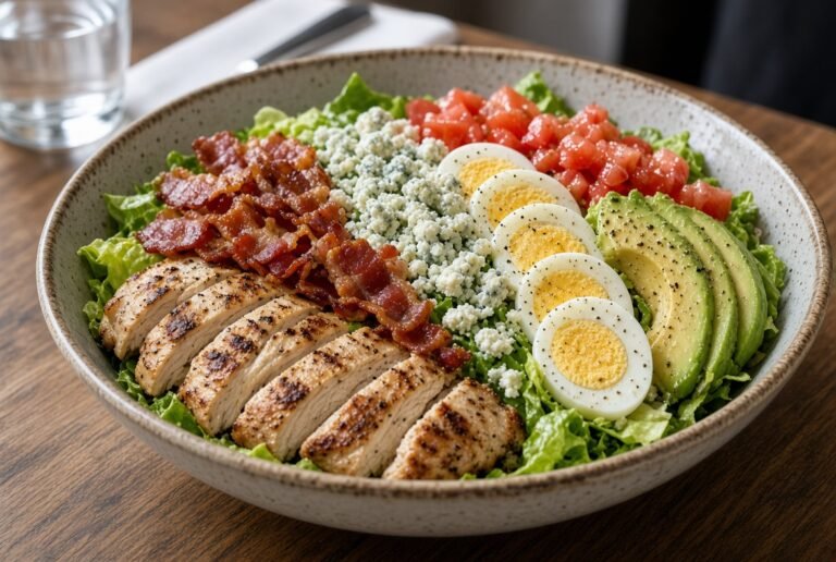 Cobb salad with chicken, bacon, egg, avocado, and blue cheese
