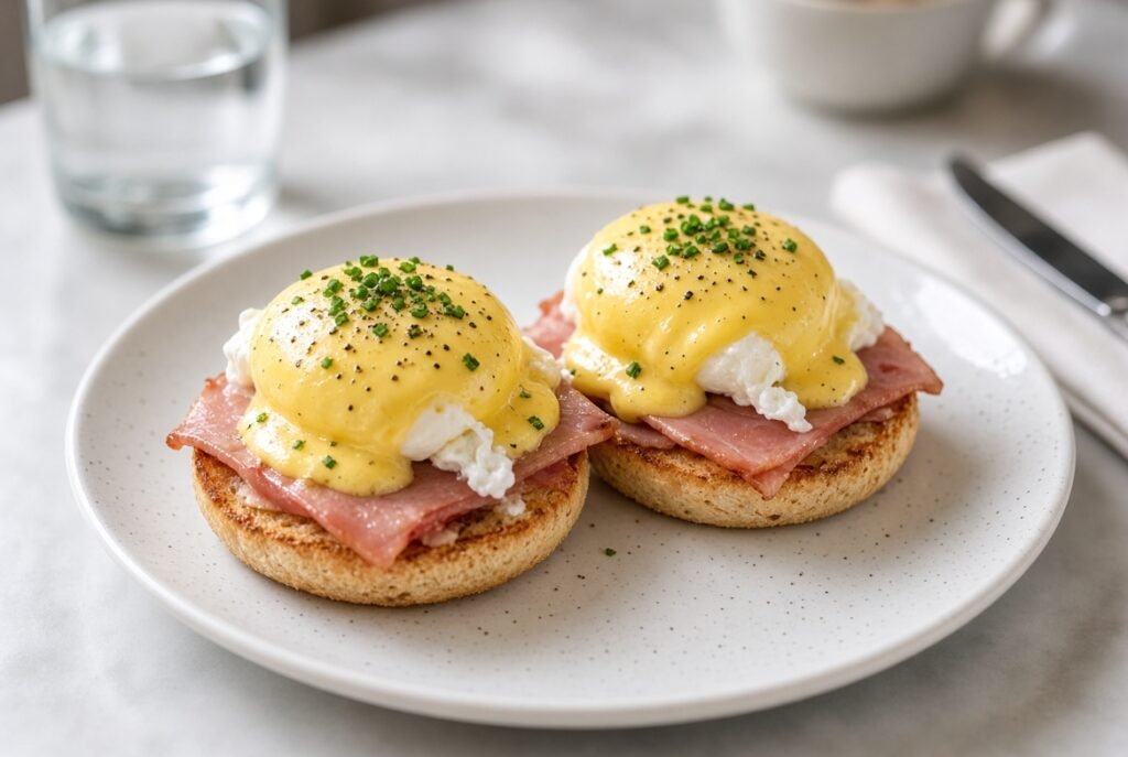 Eggs Benedict with hollandaise on English muffins