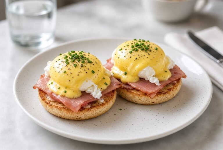 Eggs Benedict with hollandaise on English muffins