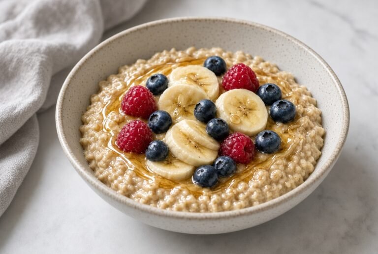 Bowl of oatmeal topped with banana, berries, and honey