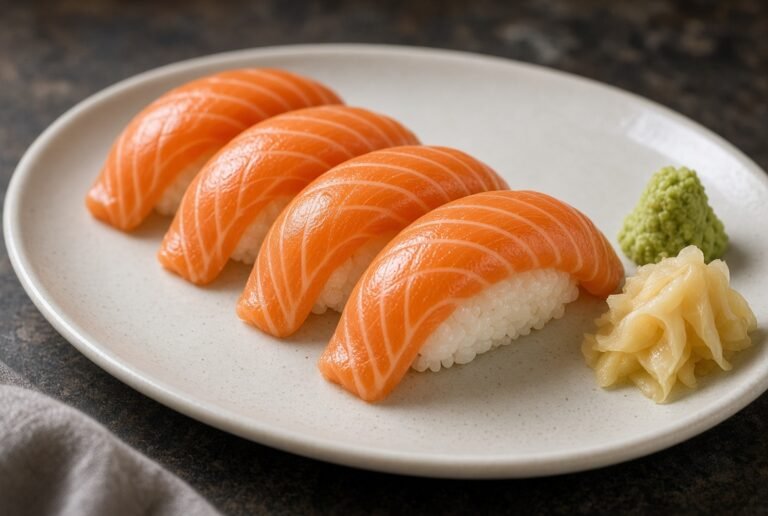 Salmon nigiri sushi with wasabi and pickled ginger