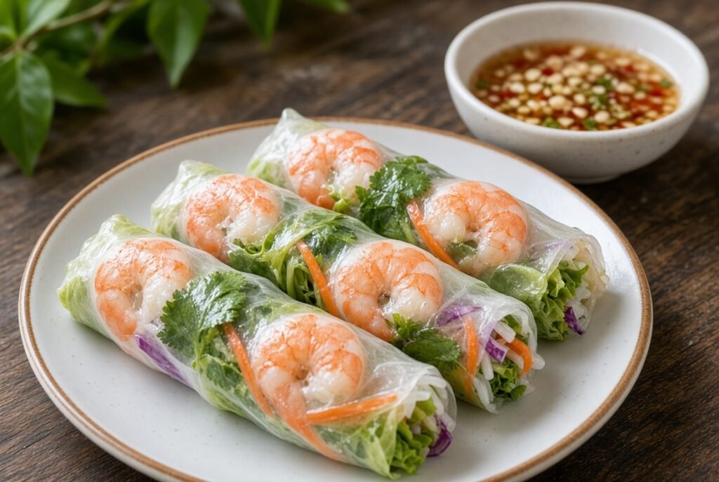 Fresh spring rolls with shrimp, herbs, and dipping sauce