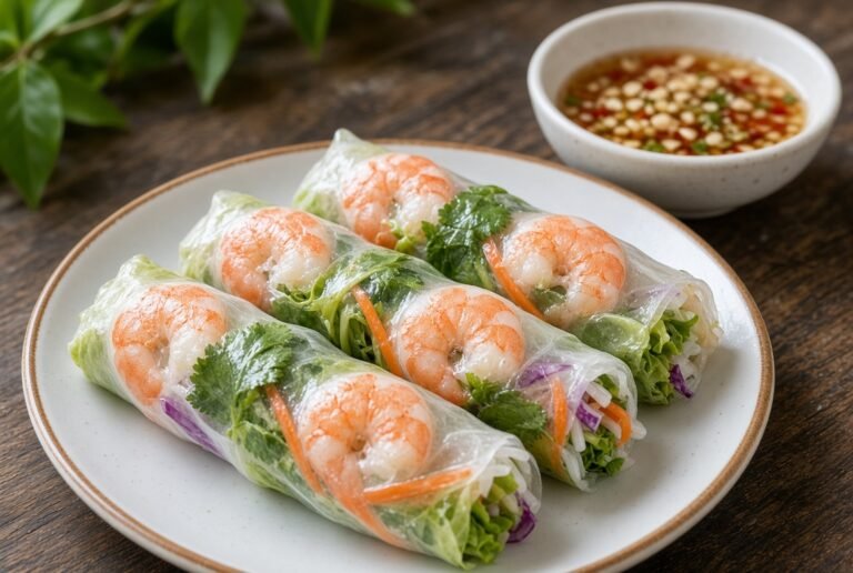 Fresh spring rolls with shrimp, herbs, and dipping sauce