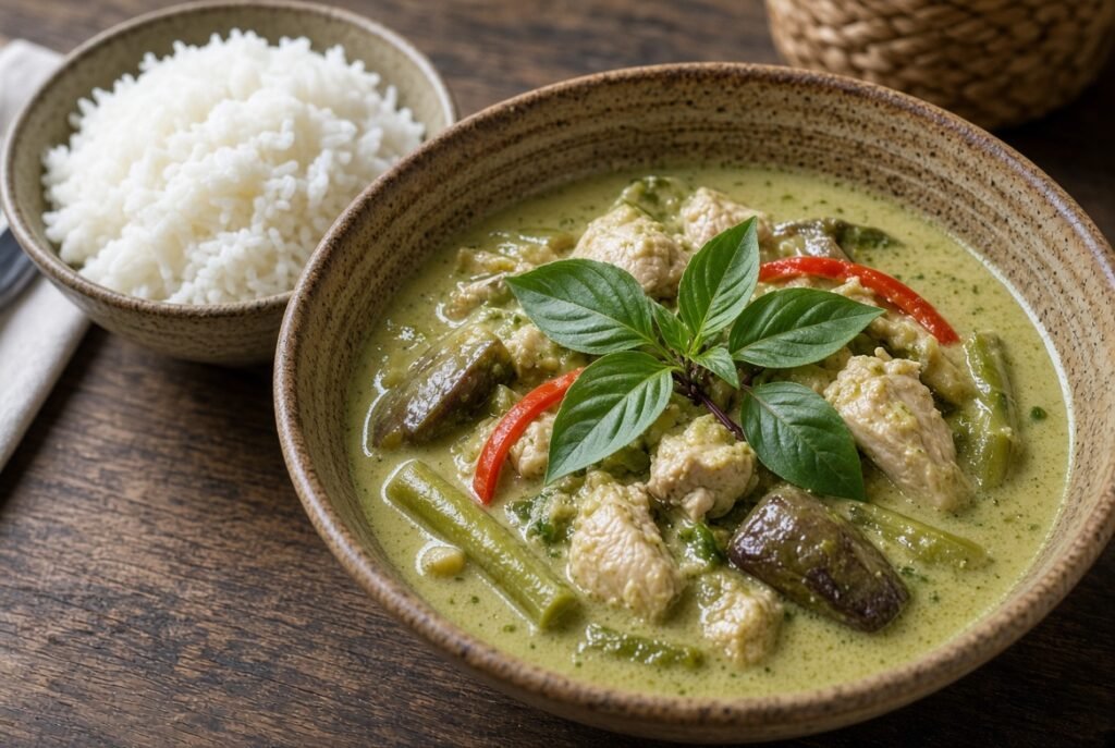 Thai green curry with chicken, vegetables, and jasmine rice