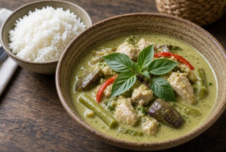 Thai green curry with chicken, vegetables, and jasmine rice