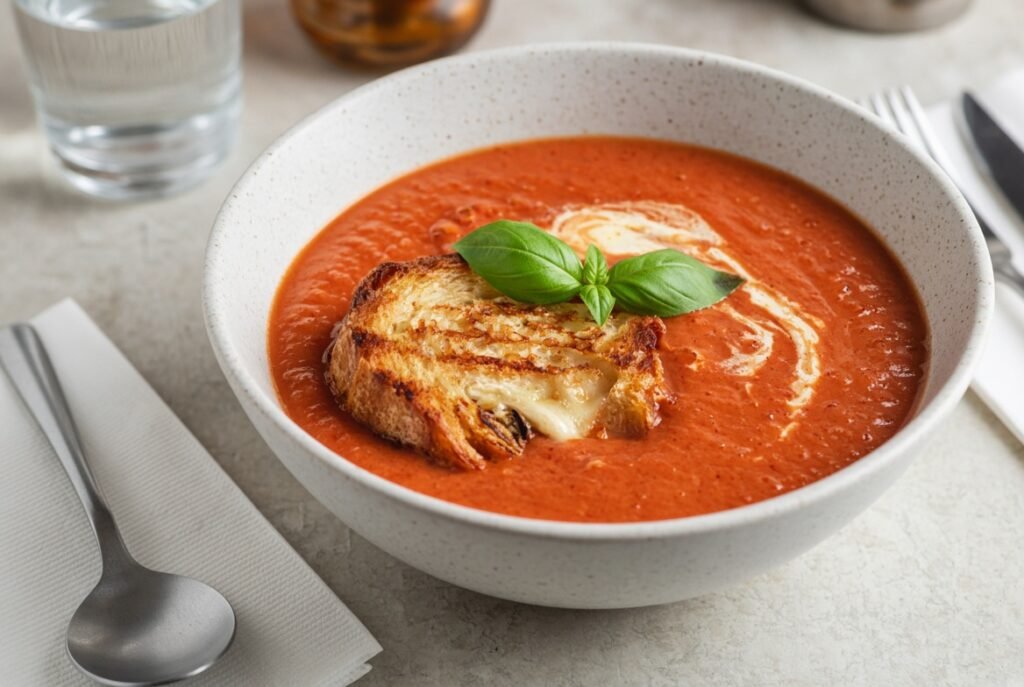 Creamy tomato soup with grilled cheese and basil