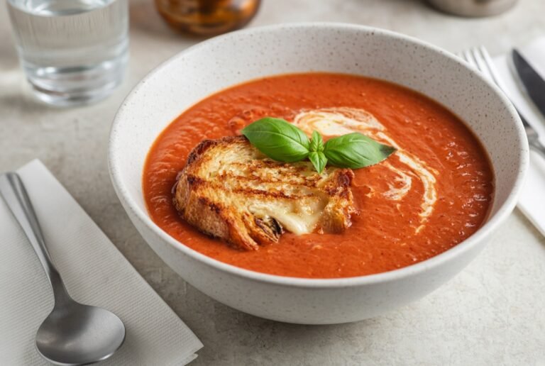 Creamy tomato soup with grilled cheese and basil