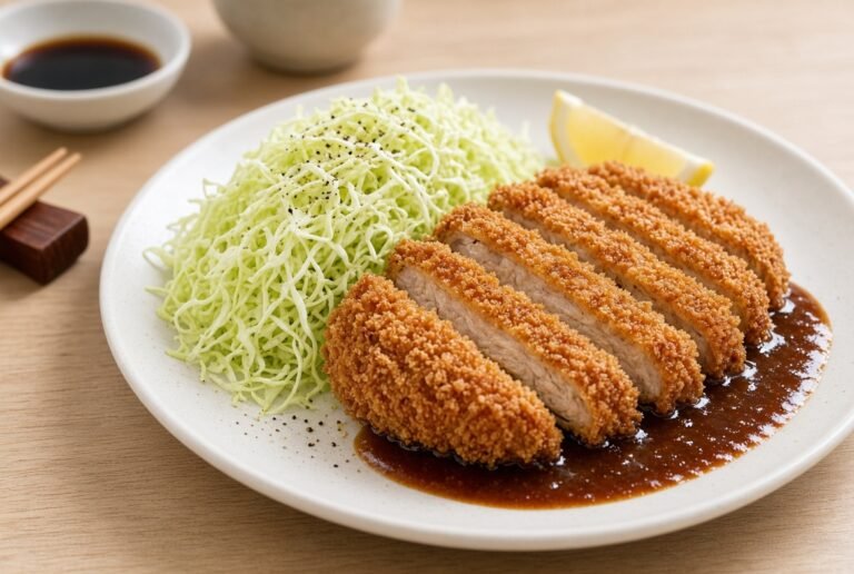 Japanese tonkatsu pork cutlet with cabbage and sauce